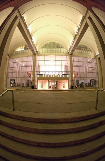 Steps of Roosevelt Hospital viewed on a warm summer evening